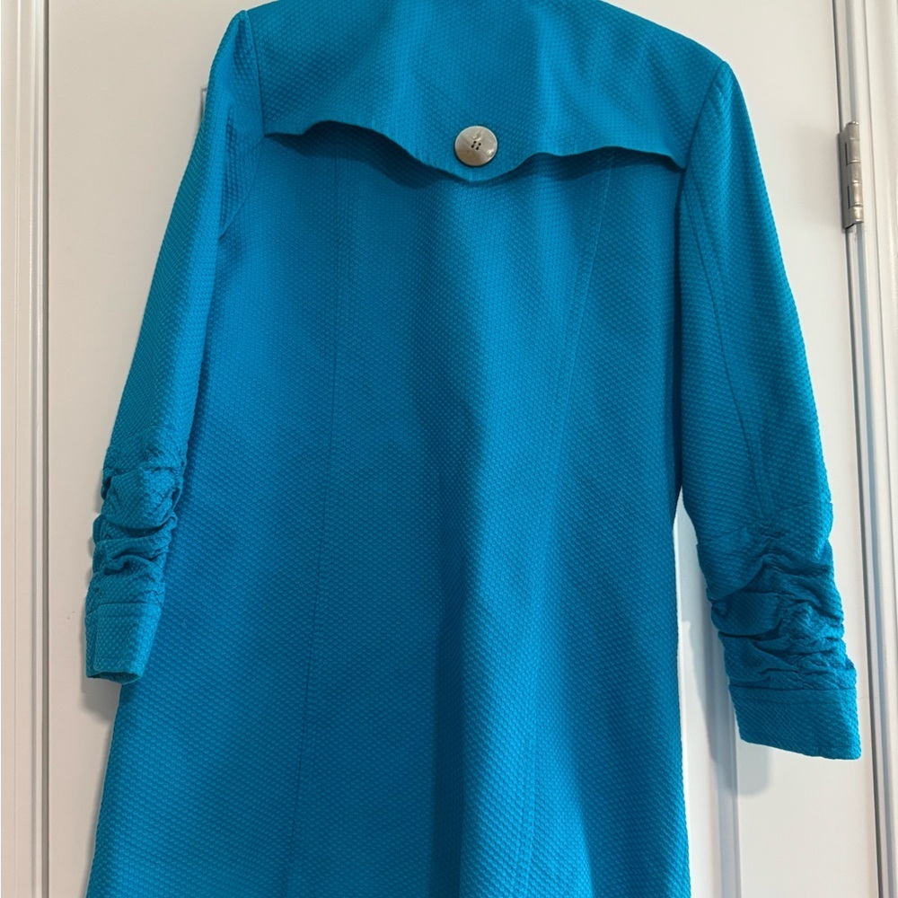 Peck & Peck Weekend Coat Teal Blue Belt Collared Buttons Lined Pockets Size 8 - Picture 3 of 6